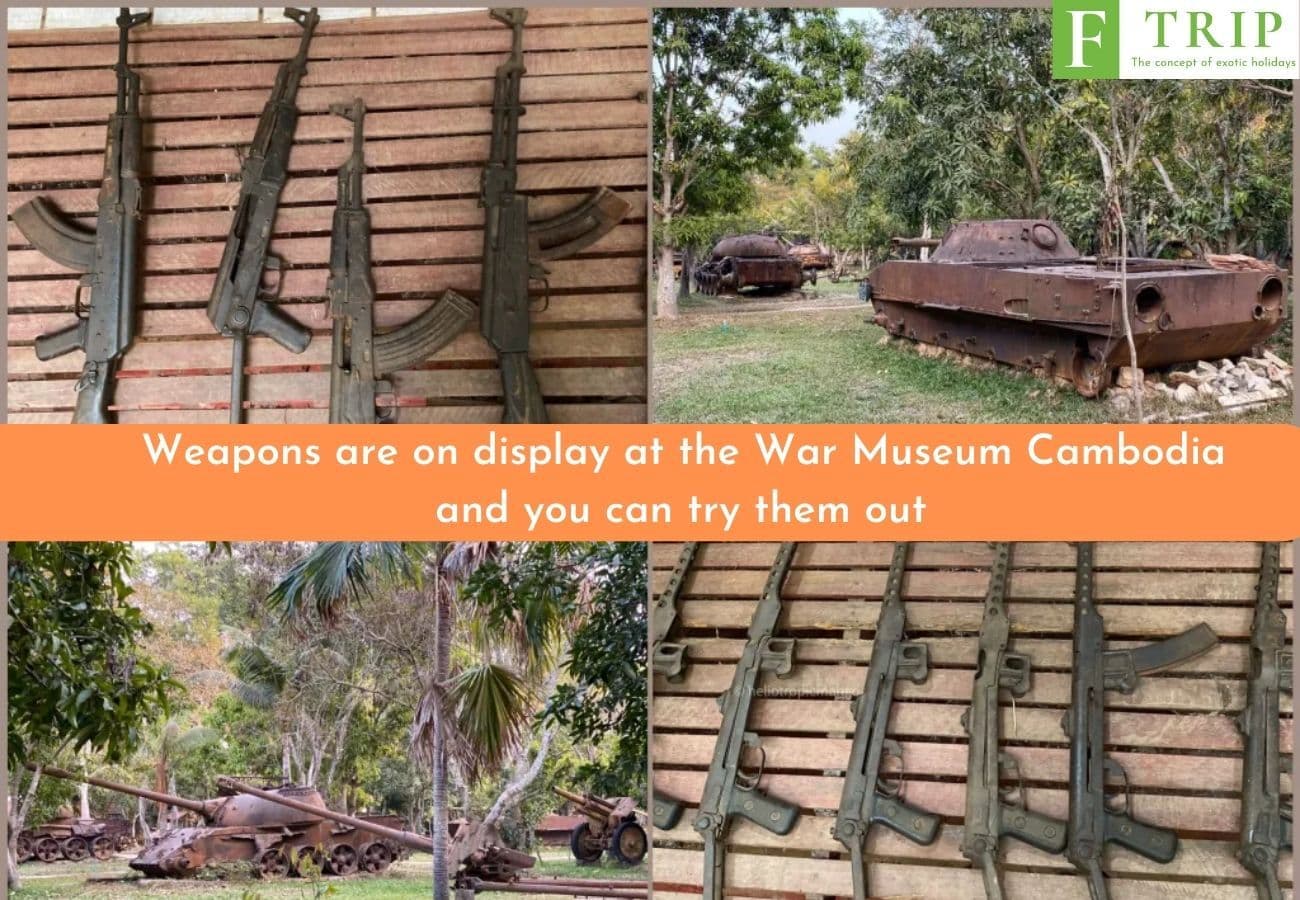 Weapons are on display at the War Museum Cambodia and you can try them out